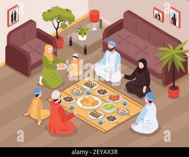 Pasto arabo di famiglia con cibo tradizionale e bevande vettore isometrico illustrazione Illustrazione Vettoriale