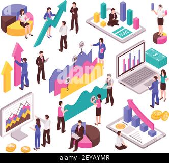 Insieme di analisti aziendali con diagrammi e diagrammi vettore isometrico isolato illustrazione Illustrazione Vettoriale