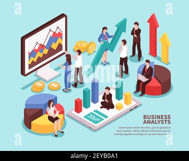 Concetto di analista aziendale con diagrammi e statistiche vettore isolato isometrico illustrazione Illustrazione Vettoriale