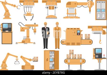 Set di icone decorative di assemblaggio automatico con gestione del computer dell'operatore tecnico illustrazione vettoriale isolata del processo di produzione di macchinari Illustrazione Vettoriale