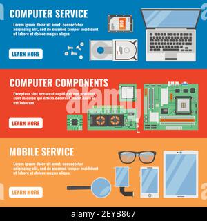 Set di tre banner di servizio per computer orizzontali con descrizioni del computer illustrazione dei componenti del computer e del vettore dei servizi mobili Illustrazione Vettoriale