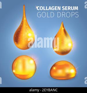 Collagene siero gocce dorate con superficie lucida macchie di luce elica dna su sfondo blu illustrazione vettoriale Illustrazione Vettoriale