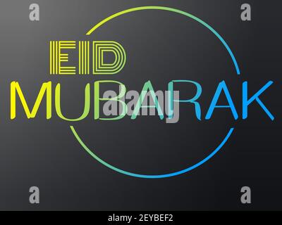 Vivace e colorato modello con logo Eid Mubarak flyer disegno illustrativo. colori premium giallo e blu cielo isolati su sfondo grigio scuro. Foto Stock