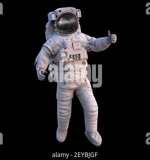astronauta che mostra i pollici durante la camminata spaziale, isolato su sfondo nero Foto Stock