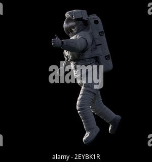 astronauta che mostra i pollici durante la passeggiata spaziale, isolato su sfondo nero Foto Stock