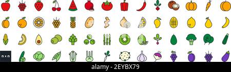 Set di icone di colori lineari vettoriali. Ortaggi, frutta e bacche. Contorno, forma, contorno isolato su bianco. Linea sottile. Design moderno. Cibo sano Illustrazione Vettoriale