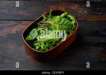 Insalata verde di erbe con rucola e mangold, set bietole svizzere, su sfondo vecchio tavolo di legno scuro Foto Stock