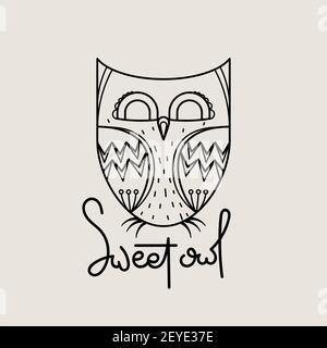 Logo con contorno di gufo dolce. Design con emblema isolato Doodel. Simbolo dell'educazione dei bambini. Illustrazione vettoriale Illustrazione Vettoriale