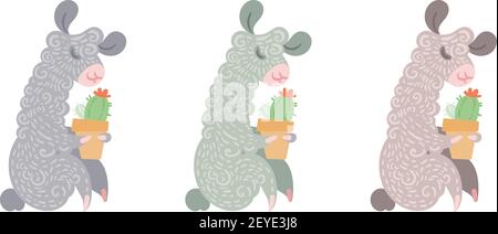 Set di simpatici alpaca ricci con cactus in fiore in una pentola di argilla. Illustrazione per colorare pagine, stampe per bambini e adulti, acquazzone per bambini Illustrazione Vettoriale