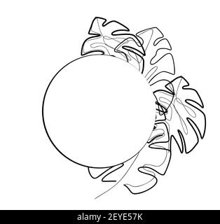 Cornice rotonda con contorno monolina foglie di monstera. Modello naturale con fogliame tropicale. Cartolina vettoriale monocromatica, scheda e banner di tendenza Illustrazione Vettoriale