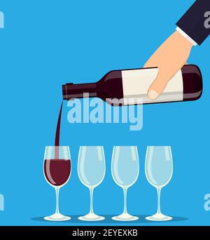 Versare il vino rosso da una bottiglia in un bicchiere di vino Illustrazione Vettoriale
