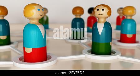 Le figurine colorate di legno della gente collegate l'una all'altra dal bianco Linee - illustrazione del rendering 3D Foto Stock