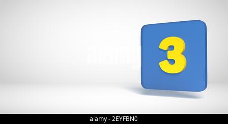 Raccolta di numeri di rendering 3D: Giallo n. 3, tre, in scatola piatta blu. Forma quadrata su sfondo bianco. Ombreggiatura uniforme e ampio spazio di copia. Foto Stock