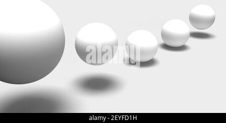 Onda fluttuante di sfere o sfere bianche rappresentate 3d su sfondo chiaro nel disegno dell'illustrazione. Oggetti vettoriali con ombreggiatura e spazio di copia. Foto Stock