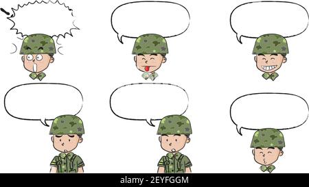 vettore cartone animato soldato cute faccia emoji adesivo discorso bolla sfondo impostazione Illustrazione Vettoriale