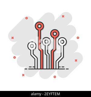 Vettore circuito cartoon board icona in stile fumetto. Schema di tecnologia segno illustrazione pittogramma. Microchip business effetto splash concept. Illustrazione Vettoriale