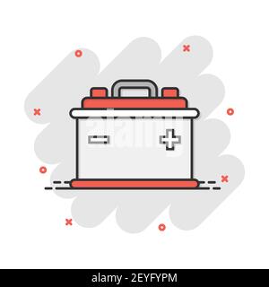 Vector cartoon batteria auto icona segno in stile fumetto. Potenza energetica segno illustrazione pittogramma. Accumulatore Auto business effetto splash concept. Illustrazione Vettoriale