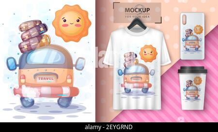 Viaggio carino con poster e merchandising. Illustrazione Vettoriale