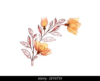 Acquerello Rose ramo. Fiori gialli vintage con germoglio e foglie isolate su bianco. Arco floreale rotondo dipinto a mano. Illustrazione botanica per le schede Foto Stock
