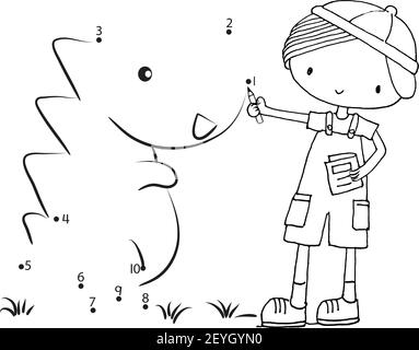 vector cartoon bianco e nero ragazzo disegnare dinosauro prescolastica gioco di attività Illustrazione Vettoriale