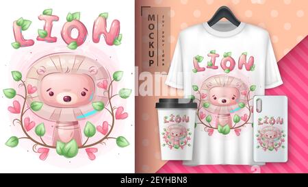 Simpatico poster e merchandising leone. Illustrazione Vettoriale