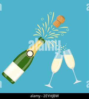 Due bicchieri di champagne con bottiglia di champagne Illustrazione Vettoriale