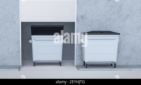 Vista frontale di due contenitori per rifiuti riciclati a 4 ruote accanto il dumpsite dell'edificio e con un nero chiuso e aperto coperchio Foto Stock