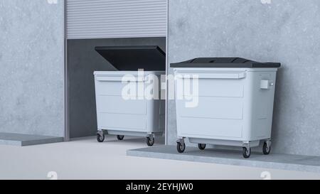Vista dall'alto di due contenitori per rifiuti riciclati a 4 ruote accanto al sito della polvere dell'edificio e con coperchio nero chiuso e aperto. Foto Stock