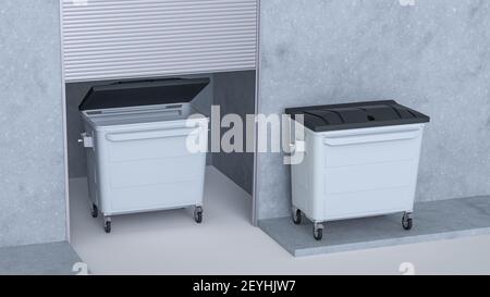 Vista dall'alto di due contenitori per rifiuti riciclati a 4 ruote accanto al sito della polvere dell'edificio e con coperchio nero chiuso e aperto. Foto Stock