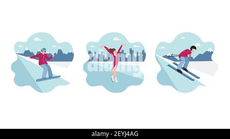 Stendardi di sport invernali - sci, pattinaggio a figure, snowboard. Persone sullo sfondo di silhouette di montagne e città. Vettore Illustrazione Vettoriale