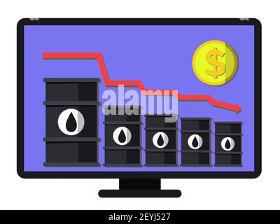 Calo record dei prezzi del petrolio - vettore concettuale. Programma di collasso finanziario. La composizione piatta comprende barili di olio, freccia e moneta. Templ. Stratificato Illustrazione Vettoriale