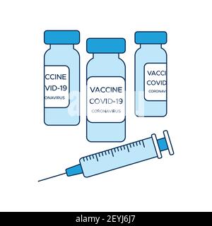 Concept COVID-19 vaccinazione, tre flaconi di vaccino e una siringa, un poster medico in tonalità di blu. Illustrazione vettoriale nello stile di una i piatta Illustrazione Vettoriale