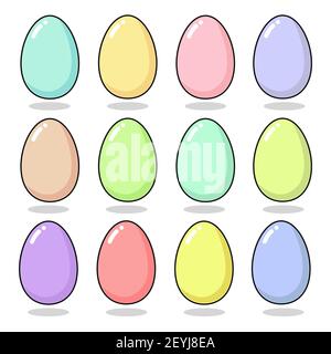 Felice Pasqua set di uova dipinte in levitazione. Divertenti elementi di vacanza colorati in colori pastello - rosa, blu, giallo, lilla, menta e corallo. Quadrato per Illustrazione Vettoriale