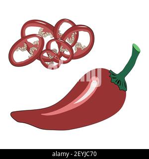 Set di peperoncini rossi - tagliati ad anelli e un intero baccello. Condimento piccante per zuppa di tagliatelle di ramen. Illustrazione vettoriale in stile disegnato a mano su un Whi Illustrazione Vettoriale