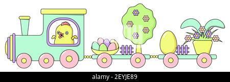 Treno di Pasqua felice con un pollo carino, un albero di primavera in fiori, uova dipinte luminose, un coniglio nascosto dietro un vaso di fiori in colori pastello. Horizonta Illustrazione Vettoriale