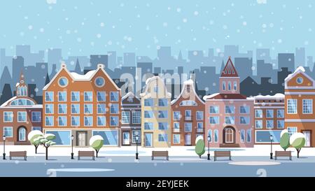 Città europea invernale - case e negozi, un Parco con lanterne e panchine, una città innevata. L'illustrazione vettoriale in uno stile piatto è adatta come b Illustrazione Vettoriale