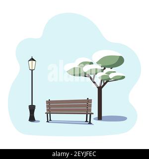 Paesaggio urbano invernale - una panca di parco vuota, un albero nella neve e una lampada stradale su sfondo blu. Illustrazione vettoriale, concetto di solitudine. Illustrazione Vettoriale
