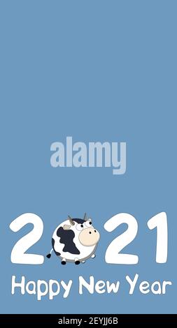 Felice anno nuovo 2021 sfondo vettoriale in colore blu con copyspace, testo e simbolo dell'anno Bull, Ox o Cow. L'illustrazione verticale della visione è suita Illustrazione Vettoriale
