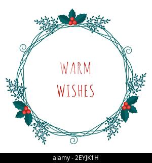 Cartolina di auguri di Natale con piante invernali in stile moderno e piatto. Illustrazioni vettoriali di stock con simboli botanici di vacanza - Illustrazione Vettoriale