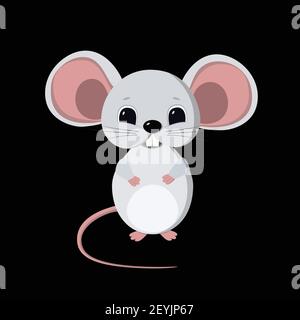 Carino piccolo mouse anno nuovo 2020. Ratto di metallo bianco secondo l'oroscopo cinese. Illustrazione vettoriale isolata su sfondo nero, template, clipa Illustrazione Vettoriale