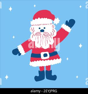 Natale carino personaggio cartoon tradizionale Babbo Natale accoglie con mano in rilievo su uno sfondo blu con fiocchi di neve. Illustrazione vettoriale, in scand Illustrazione Vettoriale