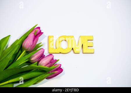 Tulipani con amore (lettera) su sfondo bianco Foto Stock