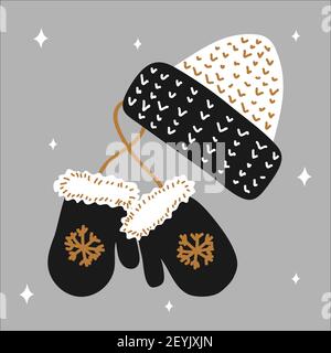 Cappellino invernale tradizionale di Natale e mittens con fiocchi di neve in stile scandinavo disegnato a mano - oro, argento, nero. Illustrazione vettoriale Illustrazione Vettoriale