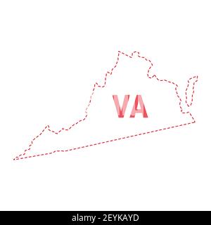 Virginia Stati Uniti mappa contorno bordo punteggiato. Illustrazione. Abbreviazione di stato di due lettere. Foto Stock