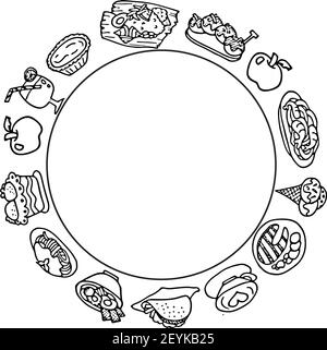 Vector cartone animato cibo nero e bianco Set bordo cerchio sfondo Foto Stock