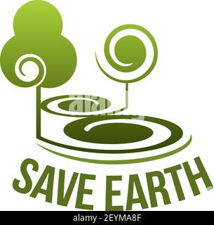Icona Save Earth Concept Vector isolata su sfondo bianco. Concetto di salvare il pianeta e l'ecologia, simbolo della cura dell'ambiente. Badge vettoriale con tr verde Illustrazione Vettoriale