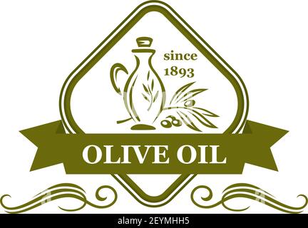 Emblema vettore dell'olio d'oliva. Design creativo con rametto di olive e vaso o pentola. Elemento di progettazione per produttori di oli organici. Icona verde isolata in bianco Illustrazione Vettoriale