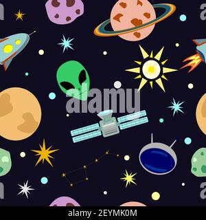 spazio vettoriale motivo senza giunture in stile cartoon con alieni, razzo, stelle, pianeti, stazione spaziale, sole e costellazione di stelle Illustrazione Vettoriale