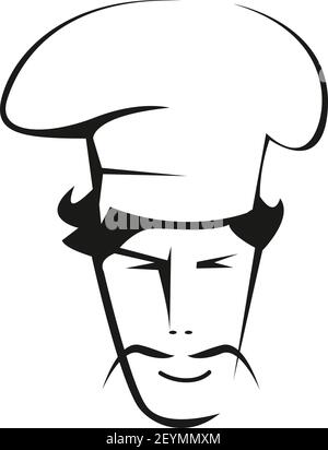 Illustrazione vettoriale del contorno dello chef spagnolo. Ispanico con baffi sottili e disegno profilo cappello chef. Cucina tradizionale emblema isolato su w Illustrazione Vettoriale