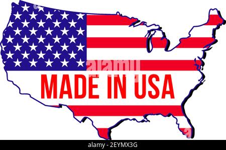 Icona vettoriale Made in USA isolata su sfondo bianco. Badge creativo con mappa degli Stati Uniti d'America e bandiera. Emblema nei colori rosso e blu per Illustrazione Vettoriale